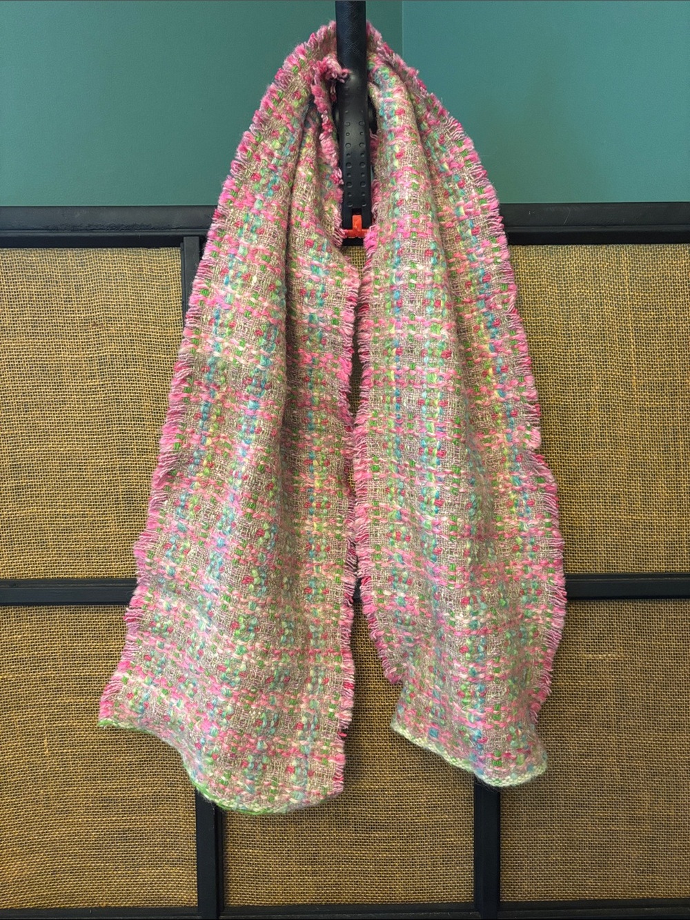 50” wool blend scarf 9” wide PINK WITH TURQUOISE AND GREEN WEAVED IN